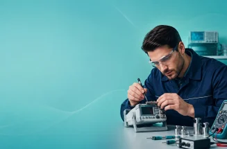 Kalibrasyon cihazı üzerinde çalışan uzman teknisyen ve ölçüm ekipmanları